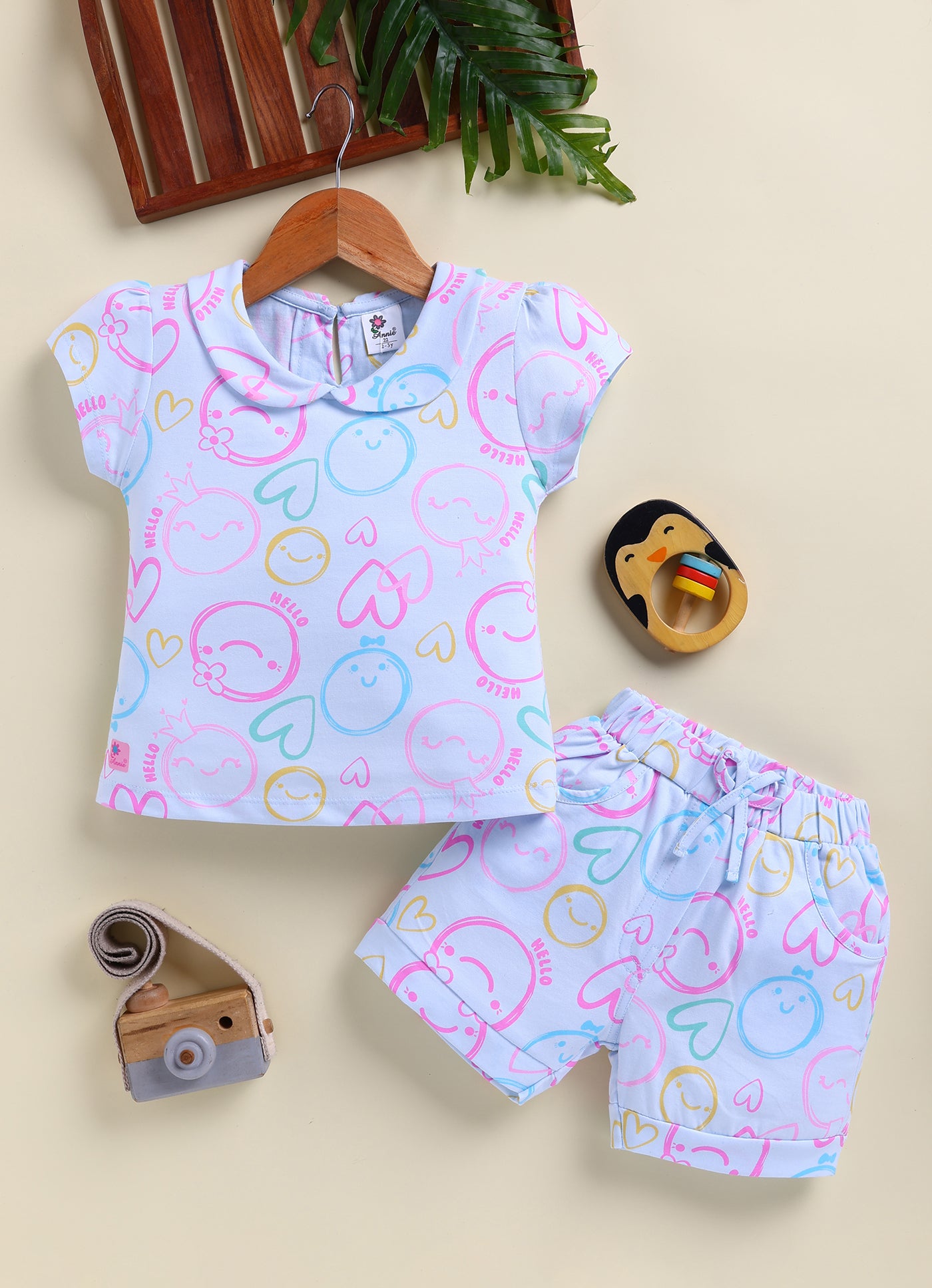 Annie Girls "Hello" Smiley Face Print Top and Shorts Set - Sky Blue