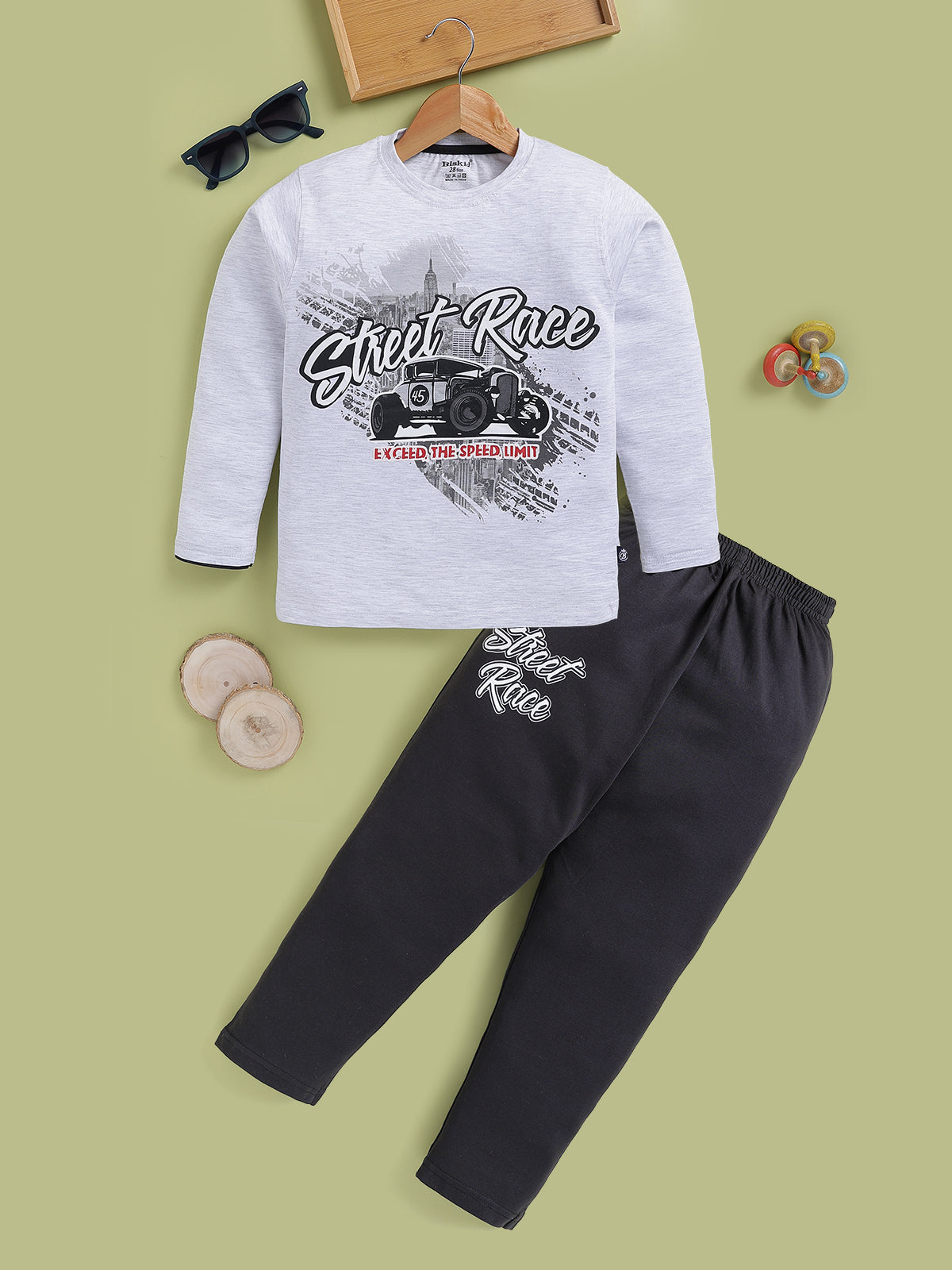 BISKID Cotton Knit Full Sleeves Street Race Text Printed Tshirt & Pant