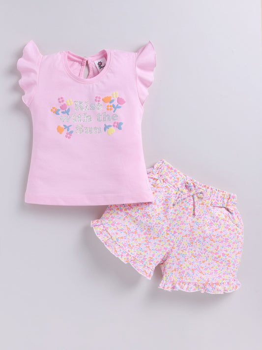 Pink Printed Top Hot Pant Set for Girls by Annie