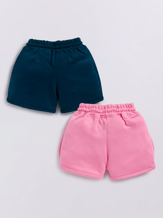 Image file Front combo_4.jpg showing a 2-piece set of Biskid brand girls' casual shorts; one pair is navy blue and the other is pink, both featuring Minnie Mouse graphics, drawstring waists, and "BISKID" branding on the side pocket.