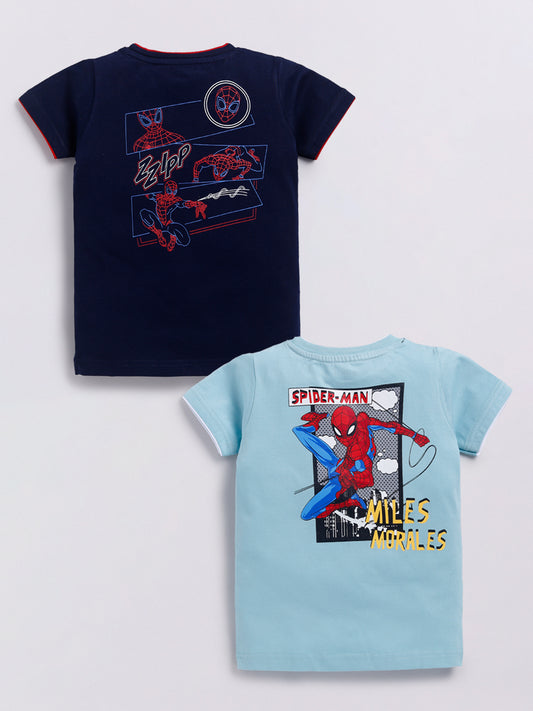 Image file Front combo.jpg showing a 2-pack of Biskid boys short-sleeve t-shirts featuring Spider-Man graphics, including one navy tee with a circular logo and one light blue tee with a "WEB-HEAD" comic graphic.
