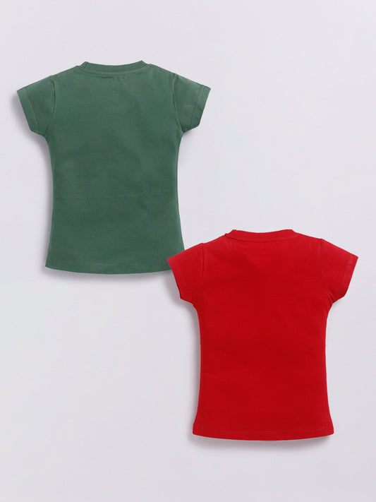 Image file Front combo_7.jpg showing a 2-piece set of Biskid brand girls' casual t-shirts; one is forest green with a Minnie Mouse graphic and "RAINBOW" text, and the other is red with a Minnie Mouse graphic and "MINNIE MOUSE" text, both featuring the "BISKID" brand label on the bottom hem.