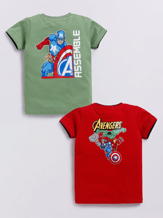 Image file showing a 2-pack of Biskid boys short-sleeve t-shirts featuring Marvel graphics, including an olive green tee with a Captain America logo and a red tee with an Avengers shield logo.
