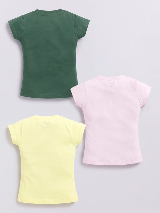 Image file Front combo_11.jpg showing a 3-piece set of Biskid brand girls' casual t-shirts; one navy blue with a Minnie and Mickey "M" graphic, one white with a playful "HAPPY" Minnie Mouse graphic, and one red with a Minnie Mouse graphic and "MINNIE MOUSE" text, all featuring the Biskid brand label.
