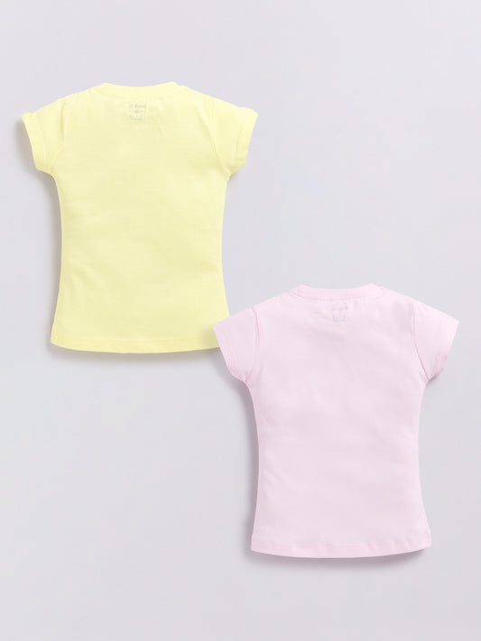 Image file Front combo_9.jpg showing a 2-piece set of Biskid brand girls' casual t-shirts; one is yellow with a Minnie Mouse and Daisy Duck "#COOL" graphic, and the other is pink with a Daisy Duck "BE HAPPY EVERYDAY" graphic, both featuring the Biskid brand label on the bottom hem.