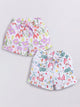Image file Front combo_2.jpg showing a 2-piece set of Biskid brand girls' casual shorts; one pair features a colorful pastel floral print, and the other features a tropical-themed print with flamingos, toucans, and plants on a white background, both with cuffed hems and drawstring waists.