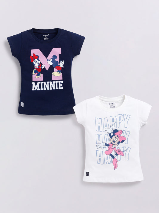 Image file Front combo_8.jpg showing a 2-piece set of Biskid brand girls' casual t-shirts; one is navy blue with a Minnie and Mickey "M" graphic, and the other is white with a playful "HAPPY" Minnie Mouse graphic, both featuring the "BISKID" brand label on the bottom hem.