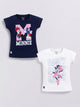 Image file Front combo_8.jpg showing a 2-piece set of Biskid brand girls' casual t-shirts; one is navy blue with a Minnie and Mickey "M" graphic, and the other is white with a playful "HAPPY" Minnie Mouse graphic, both featuring the "BISKID" brand label on the bottom hem.
