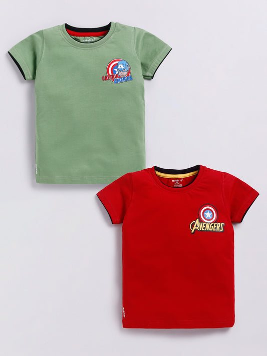 Image file showing a 2-pack of Biskid boys short-sleeve t-shirts featuring Marvel graphics, including an olive green tee with a Captain America logo and a red tee with an Avengers shield logo.