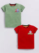 Image file showing a 2-pack of Biskid boys short-sleeve t-shirts featuring Marvel graphics, including an olive green tee with a Captain America logo and a red tee with an Avengers shield logo.