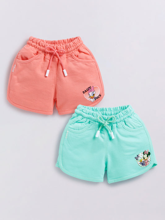 Image file Front combo_6.jpg showing a 2-piece set of Biskid brand girls' casual shorts; one pair is coral featuring a Daisy Duck graphic and the other is mint green featuring a Minnie Mouse and Daisy Duck graphic, both with drawstring waists and "BISKID" branding on the side pocket.