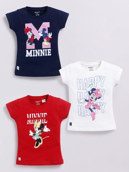Image file Front combo_10.jpg showing a 3-piece set of Biskid brand girls' casual t-shirts; one forest green with a Minnie Mouse "RAINBOW" graphic, one light pink with a Daisy Duck "BE HAPPY EVERYDAY" graphic, and one yellow with a Minnie Mouse and Daisy Duck "#COOL" graphic, all featuring the Biskid brand label.