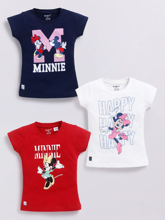 Image file Front combo_10.jpg showing a 3-piece set of Biskid brand girls' casual t-shirts; one forest green with a Minnie Mouse "RAINBOW" graphic, one light pink with a Daisy Duck "BE HAPPY EVERYDAY" graphic, and one yellow with a Minnie Mouse and Daisy Duck "#COOL" graphic, all featuring the Biskid brand label.