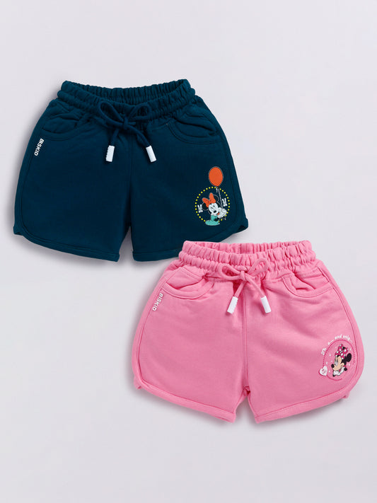 Image file Front combo_4.jpg showing a 2-piece set of Biskid brand girls' casual shorts; one pair is navy blue and the other is pink, both featuring Minnie Mouse graphics, drawstring waists, and "BISKID" branding on the side pocket.