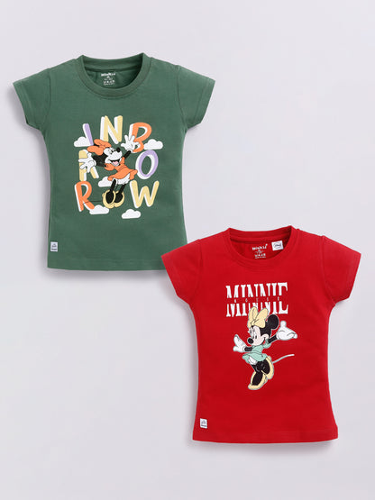 Image file Front combo_7.jpg showing a 2-piece set of Biskid brand girls' casual t-shirts; one is forest green with a Minnie Mouse graphic and "RAINBOW" text, and the other is red with a Minnie Mouse graphic and "MINNIE MOUSE" text, both featuring the "BISKID" brand label on the bottom hem.