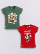Image file Front combo_7.jpg showing a 2-piece set of Biskid brand girls' casual t-shirts; one is forest green with a Minnie Mouse graphic and "RAINBOW" text, and the other is red with a Minnie Mouse graphic and "MINNIE MOUSE" text, both featuring the "BISKID" brand label on the bottom hem.