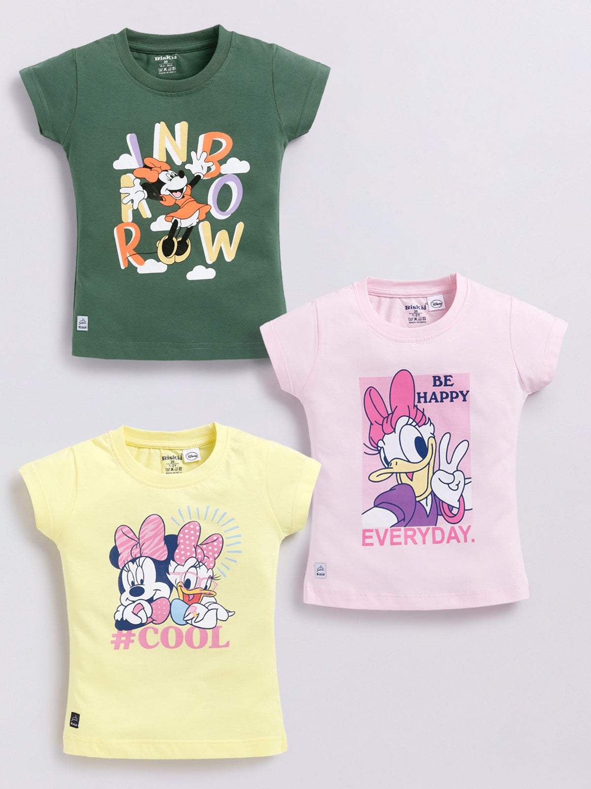 Image file Front combo_11.jpg showing a 3-piece set of Biskid brand girls' casual t-shirts; one navy blue with a Minnie and Mickey "M" graphic, one white with a playful "HAPPY" Minnie Mouse graphic, and one red with a Minnie Mouse graphic and "MINNIE MOUSE" text, all featuring the Biskid brand label.