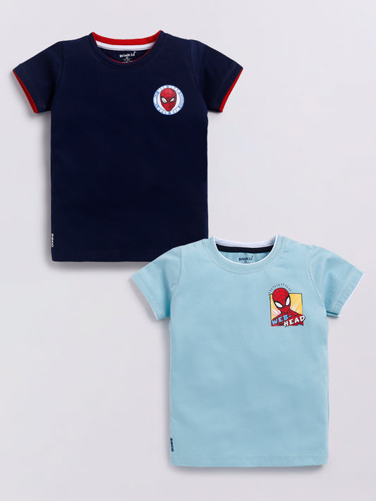 Image file Front combo.jpg showing a 2-pack of Biskid boys short-sleeve t-shirts featuring Spider-Man graphics, including one navy tee with a circular logo and one light blue tee with a "WEB-HEAD" comic graphic.