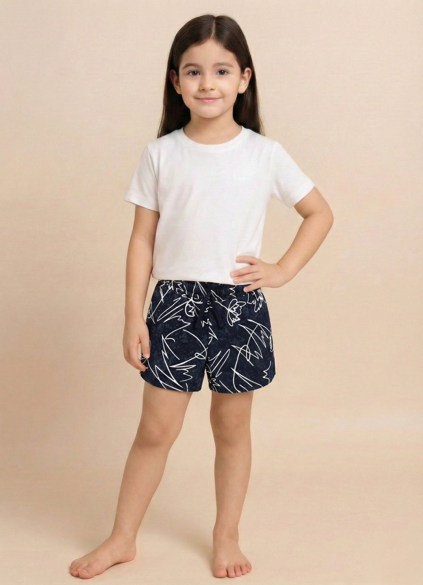 Image file 1409-Black.jpg showing a pair of Biskid brand black shorts with an elastic drawstring waistband, covered in a bold white abstract floral line-art print, and featuring a small "BISKID" brand tag on the side.