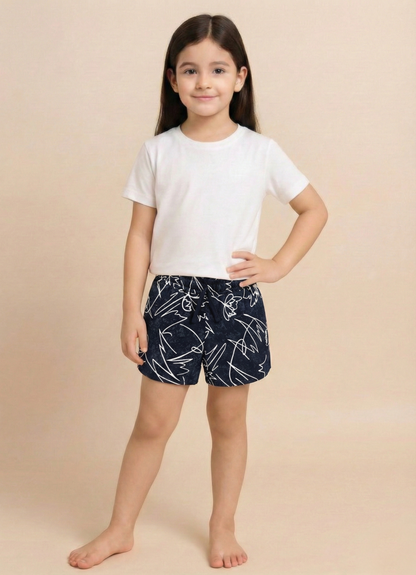 Image file 1409-Black.jpg showing a pair of Biskid brand black shorts with an elastic drawstring waistband, covered in a bold white abstract floral line-art print, and featuring a small "BISKID" brand tag on the side.