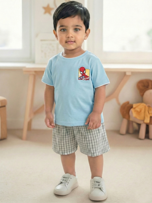 Image file Gemini_Generated_Image_2bgck62bgck62bgc.jpg showing a young boy wearing a sky-blue Biskid brand boys short-sleeve t-shirt with a Spider-Man "WEB-HEAD" graphic on the chest, paired with gray checkered shorts and white sneakers.