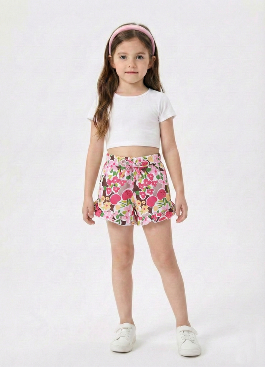 Biskid White & Pink Floral Ruffle Hem Summer Shorts for Girls