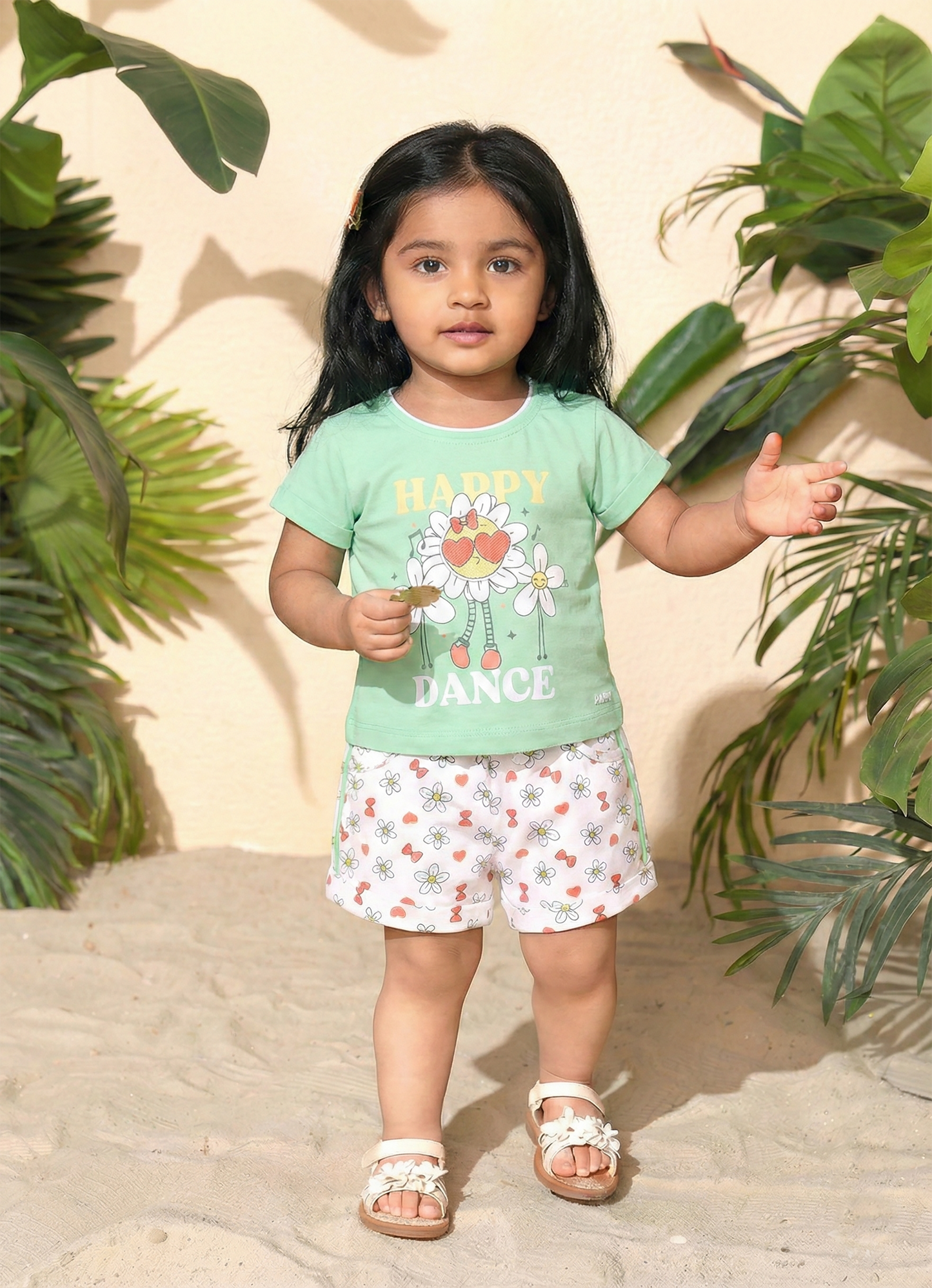 Annie Girls "Happy Dance" Daisy Top and Printed Shorts Set -Green