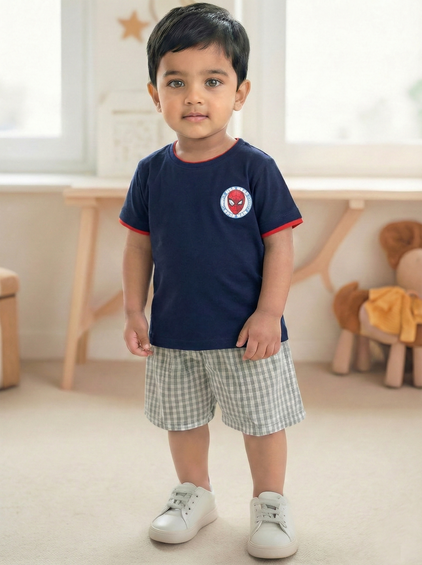 a flat lay of a navy Biskid brand boys short-sleeve t-shirt with red trim, featuring a Spider-Man "WEB-HEAD" graphic, along with icons highlighting its features: stretchable, breathable, light and comfortable, naturally soft, 100% cotton, and ideal for 30°C - 45°C temperatures.