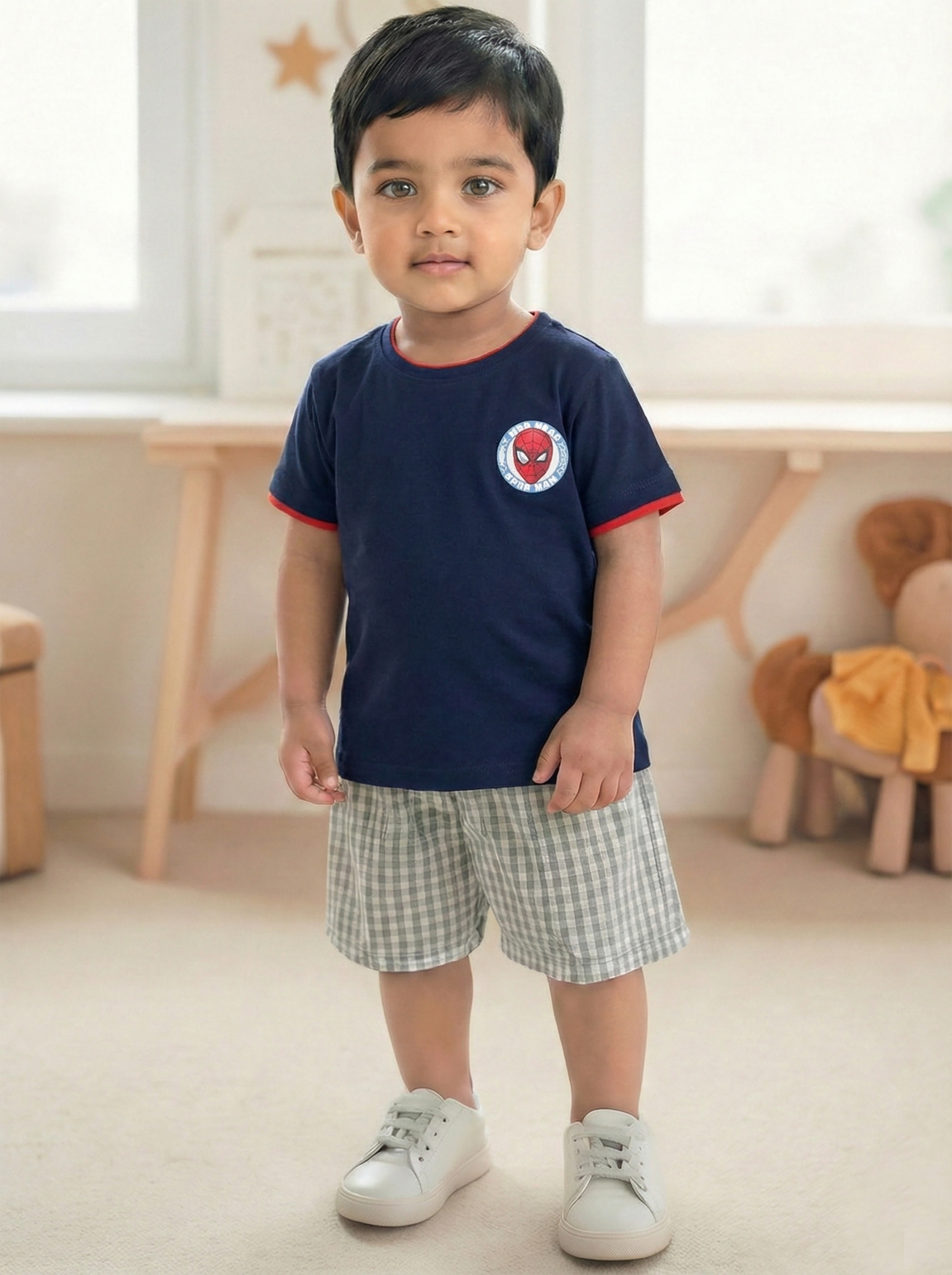 a flat lay of a navy Biskid brand boys short-sleeve t-shirt with red trim, featuring a Spider-Man "WEB-HEAD" graphic, along with icons highlighting its features: stretchable, breathable, light and comfortable, naturally soft, 100% cotton, and ideal for 30°C - 45°C temperatures.