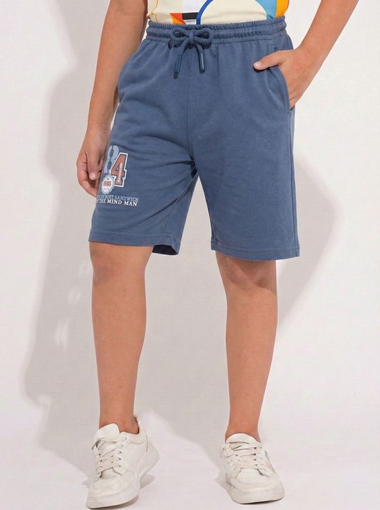 Boys Solid Colour Small Ghaphic Print Cotton Shorts