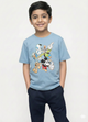 smiling young boy with dark hair modeling a light blue Biskid brand short-sleeve t-shirt. The shirt features a colorful graphic of classic Disney characters including Mickey Mouse, Donald Duck, Goofy, and Pluto in playful poses.