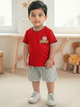 Image file _MG_5120.jpg showing a flat lay of a red Biskid brand boys short-sleeve t-shirt featuring an "AVENGERS" graphic, the Captain America shield logo, and contrasting black and yellow neck trim.