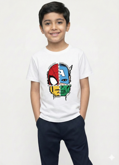 showing a smiling young boy with dark hair modeling a white Biskid brand short-sleeve t-shirt. The shirt features a graphic of a single face divided into four sections, each representing a different superhero: Spider-Man, Captain America, Iron Man, and Hulk.