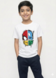 showing a smiling young boy with dark hair modeling a white Biskid brand short-sleeve t-shirt. The shirt features a graphic of a single face divided into four sections, each representing a different superhero: Spider-Man, Captain America, Iron Man, and Hulk.