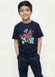 showing a smiling young boy with dark hair modeling a navy blue Biskid brand short-sleeve t-shirt. The shirt features an action graphic of Spider-Man leaping, surrounded by lightning bolts, a white spider symbol, and the word "AMAZING" in scattered, colorful block letters.