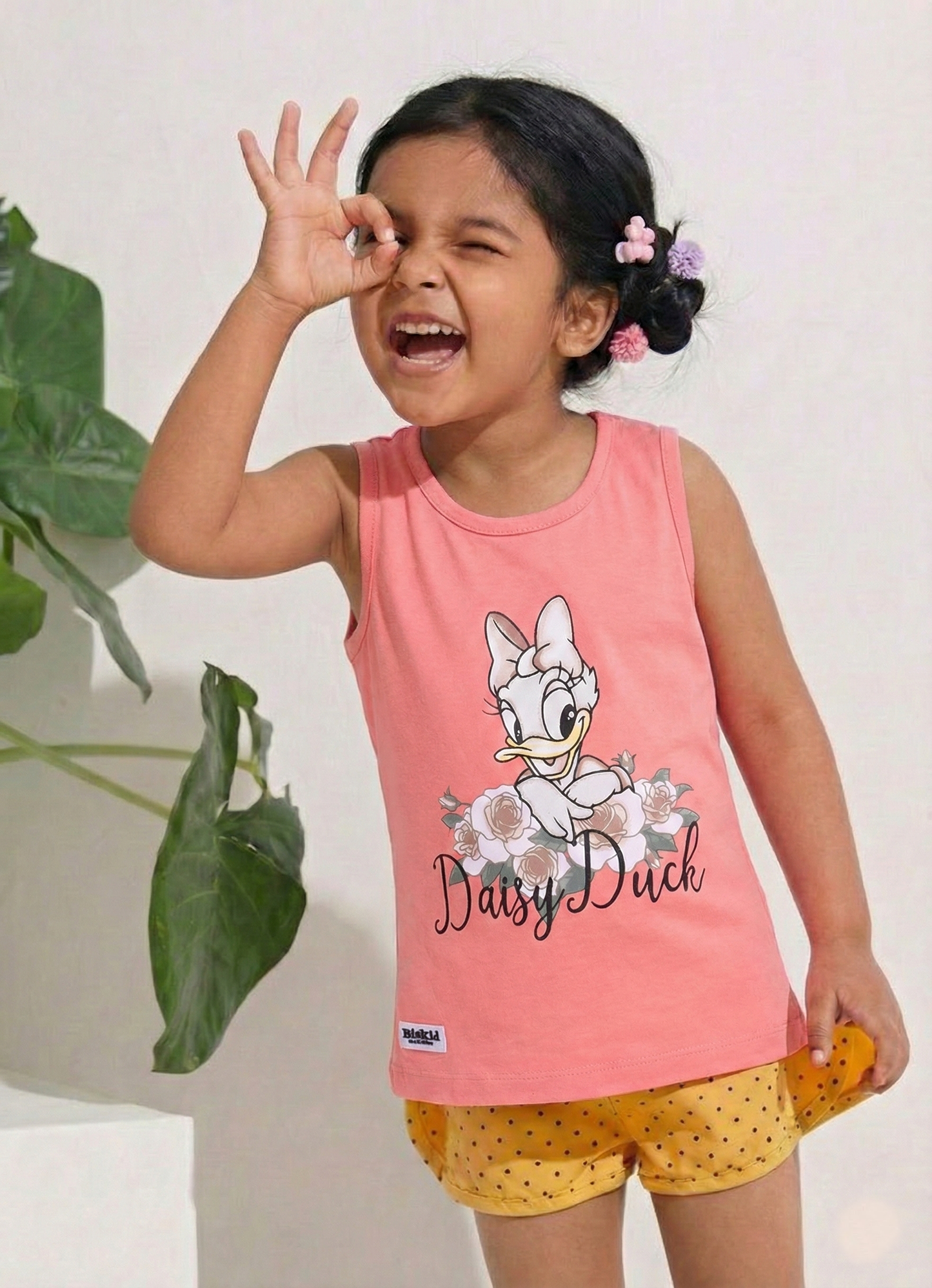 Biskid Girls Disney Minnie Mouse Yellow "Follow the Rainbow" and Daisy Duck Peach Floral Sleeveless Tank Top Combo (Pack of 2)