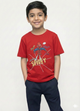 showing a smiling young boy with dark hair modeling a bright red Biskid brand short-sleeve t-shirt. The shirt features an action graphic of Spider-Man crouching and shooting webs, surrounded by the text "AMAZING SPIDEY" and comic-style sound effect words.