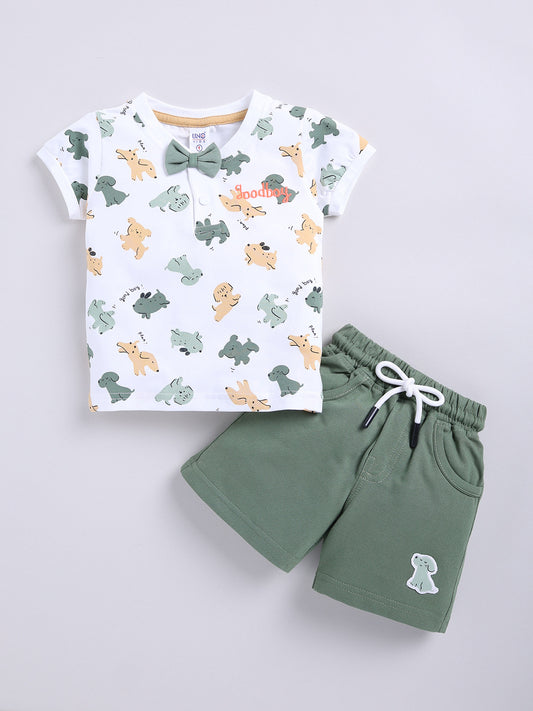 Green Printed T-Shirt Pant Set for Boys by Uno Kids