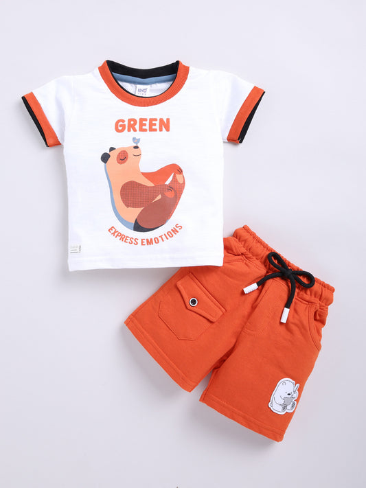 Orange Printed T-Shirt Pant Set for Boys by Uno Kids