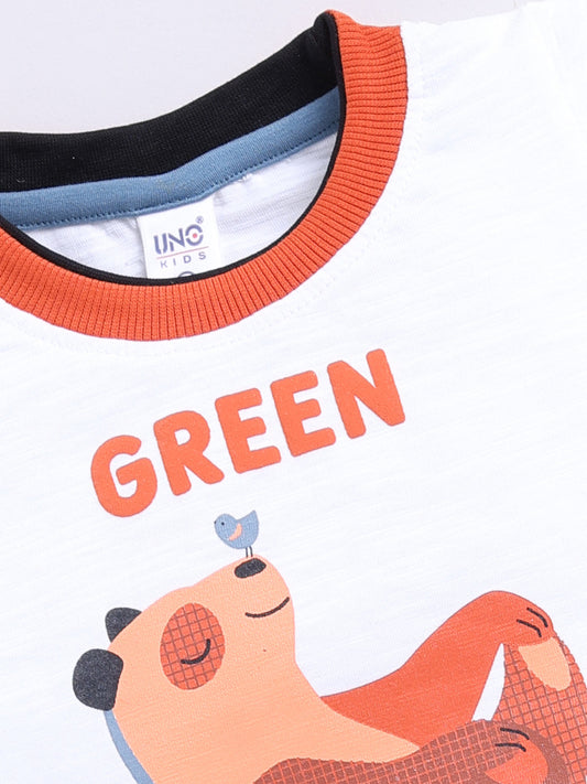 Orange Printed T-Shirt Pant Set for Boys by Uno Kids