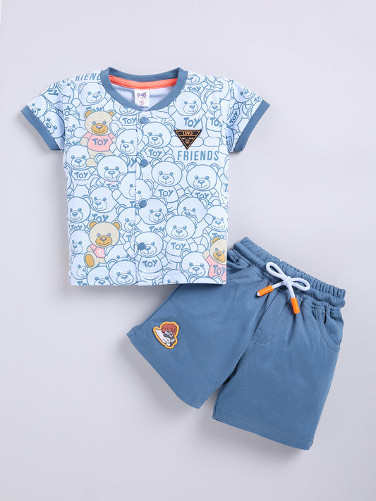 Blue Teddy Printed Shirt Pant Set for Boys by Uno Kids