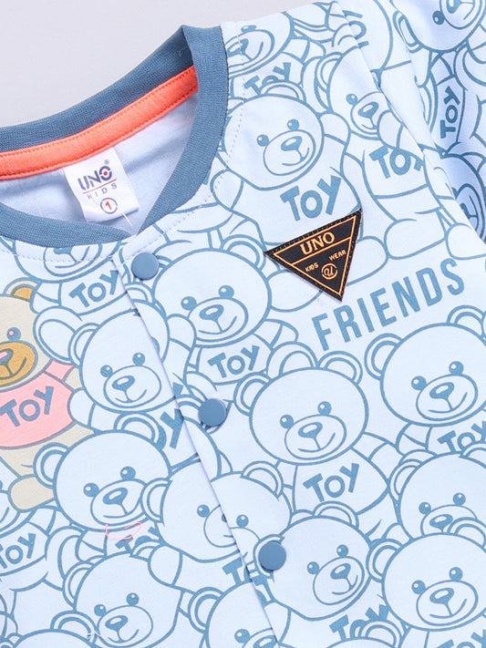 Blue Teddy Printed Shirt Pant Set for Boys by Uno Kids