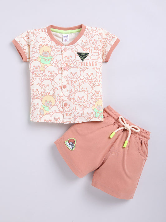 Peach Teddy Printed Shirt Pant Set for Boys by Uno Kids