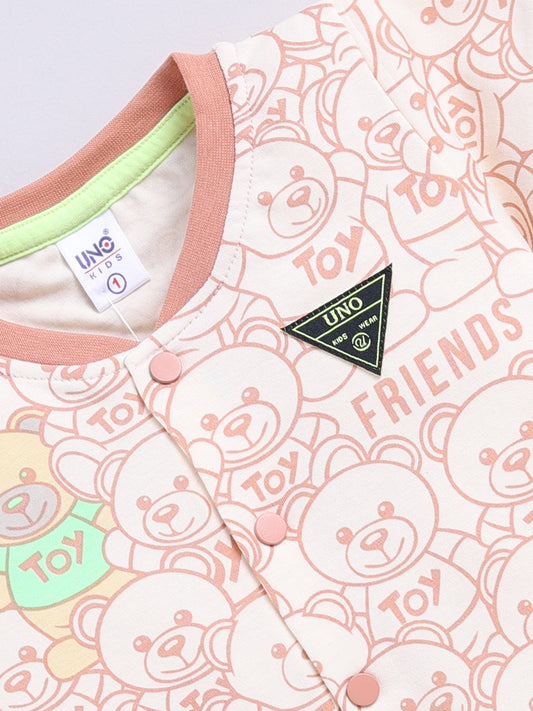 Peach Teddy Printed Shirt Pant Set for Boys by Uno Kids