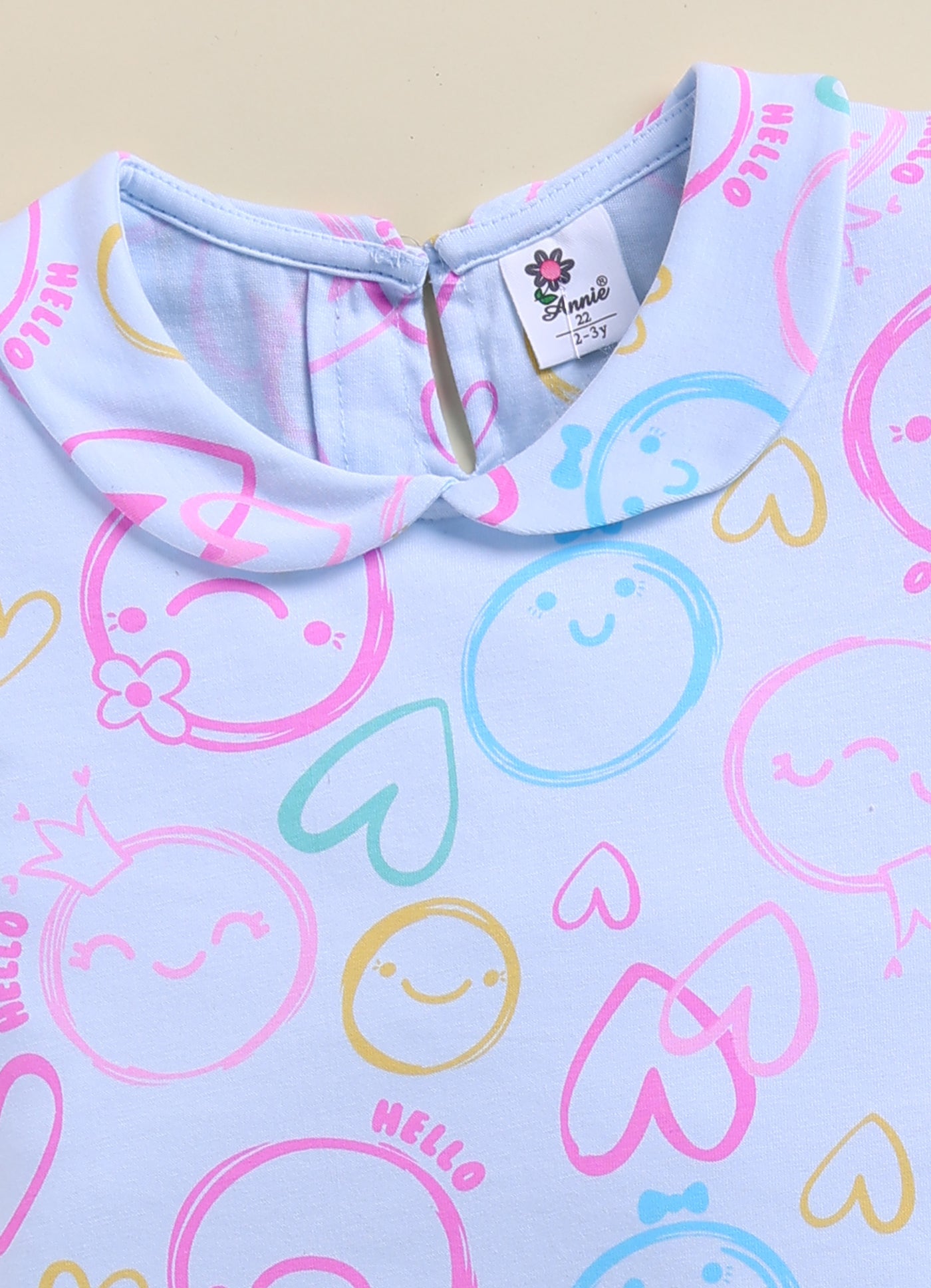 Annie Girls "Hello" Smiley Face Print Top and Shorts Set - Sky Blue