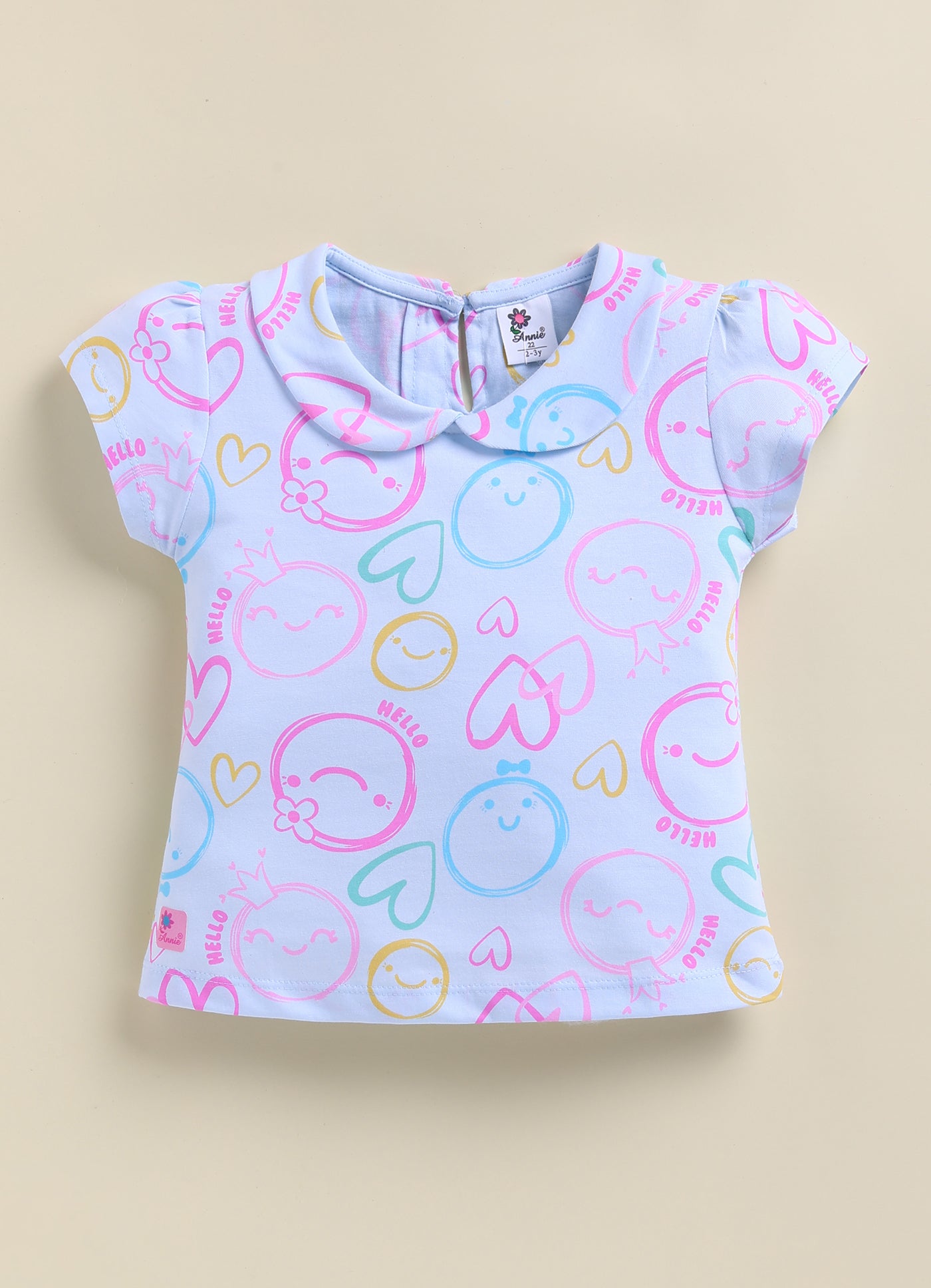 Annie Girls "Hello" Smiley Face Print Top and Shorts Set - Sky Blue