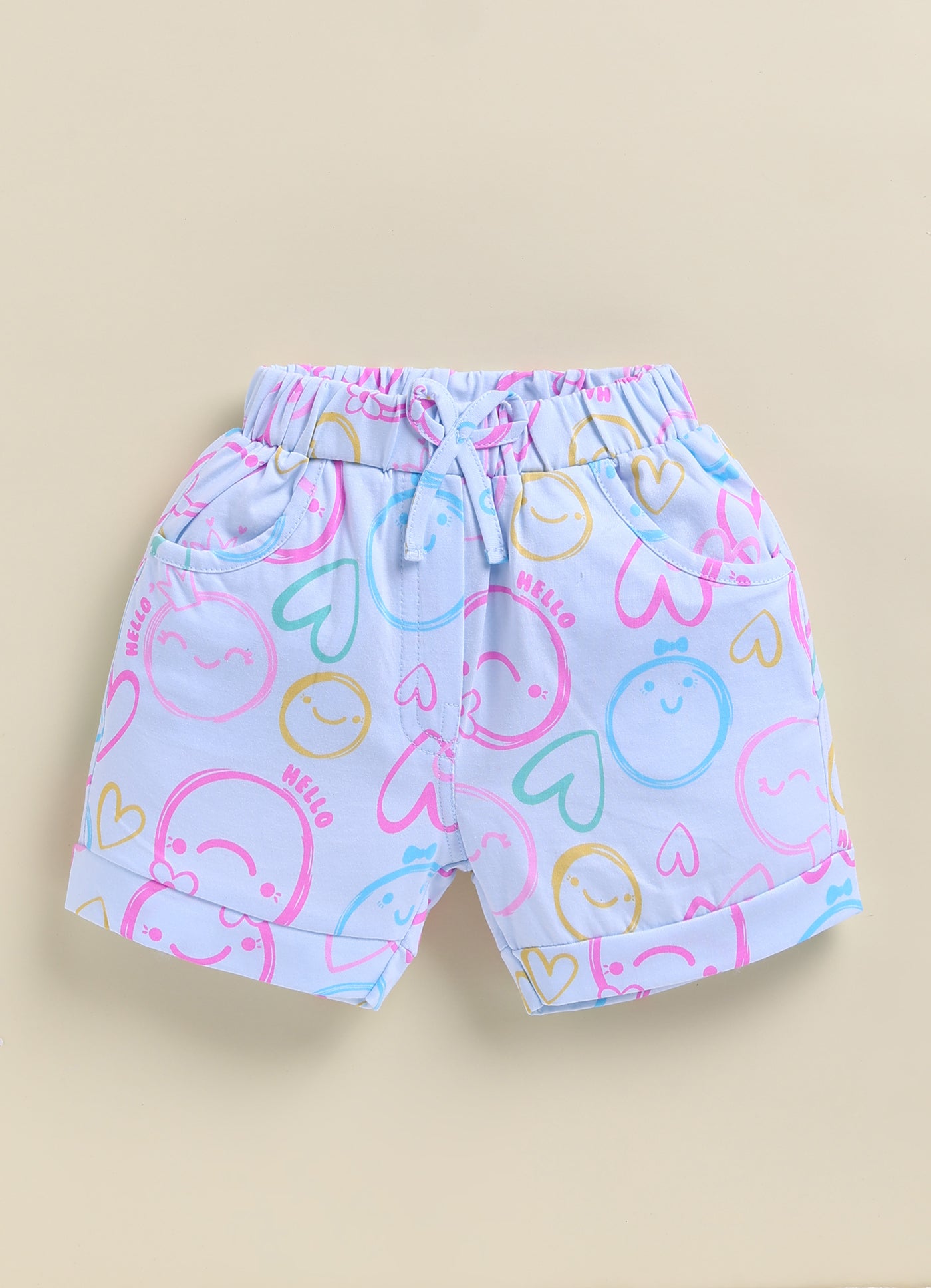 Annie Girls "Hello" Smiley Face Print Top and Shorts Set - Sky Blue