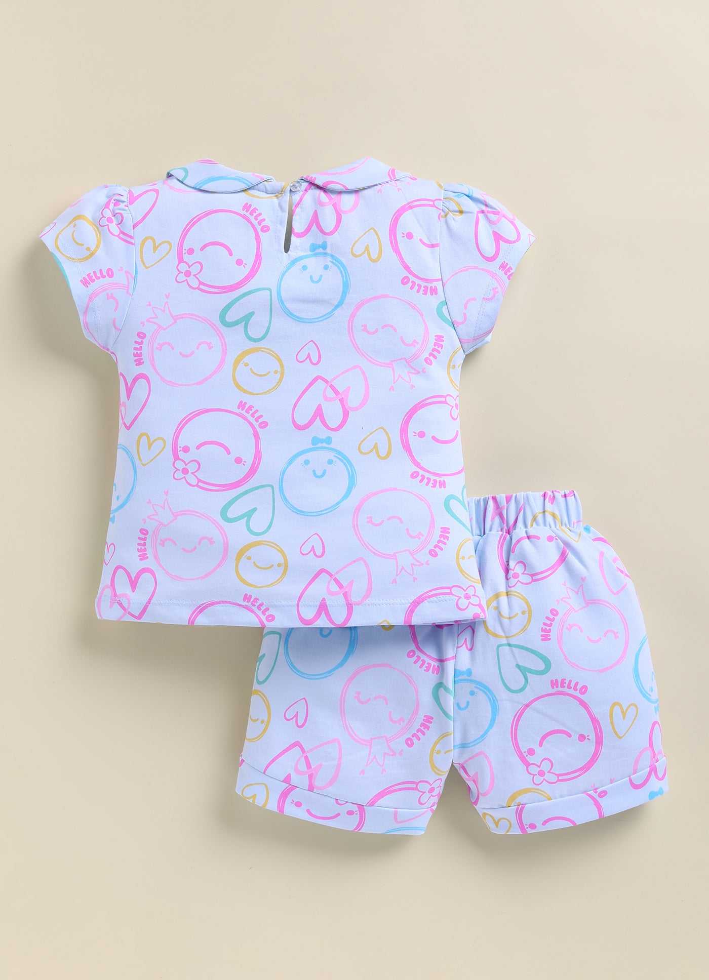 Annie Girls "Hello" Smiley Face Print Top and Shorts Set - Sky Blue