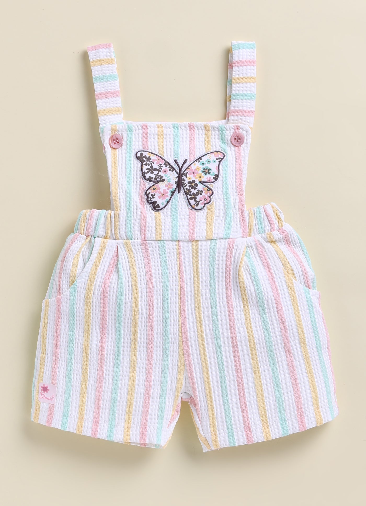 Annie Girls Pastel Striped Butterfly Overalls and Flutter Sleeve Top Set - Pink