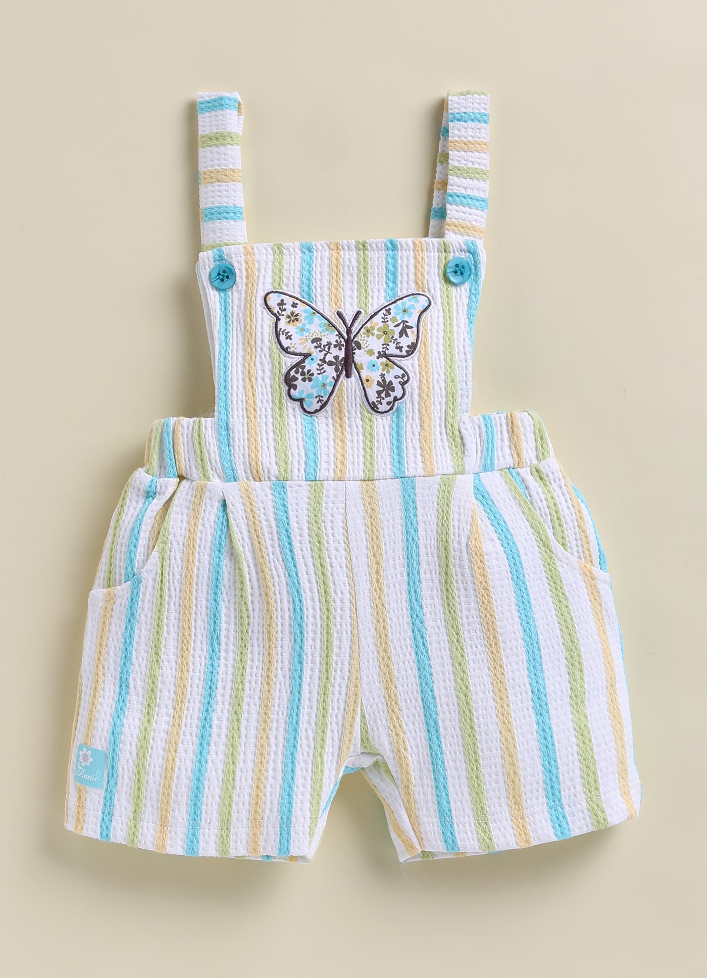 Annie Girls Pastel Striped Butterfly Overalls and Flutter Sleeve Top Set- Blue
